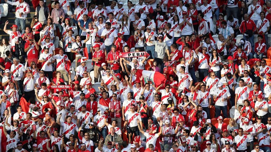 Peru fans packed into a stadium looking happy and holding Peru signs.
