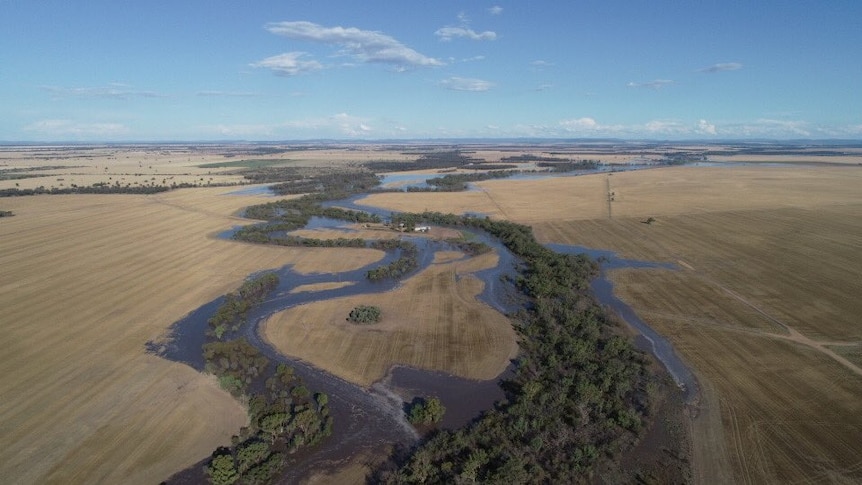 An aerial view of a flooded river snaking through brown land.