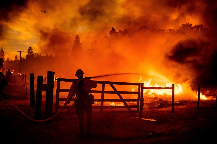 A firefighter extinguishes flames in a paddock
