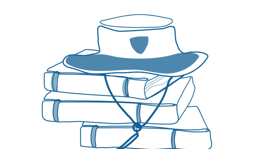 An illustration of a school hat on top of a pile of books.