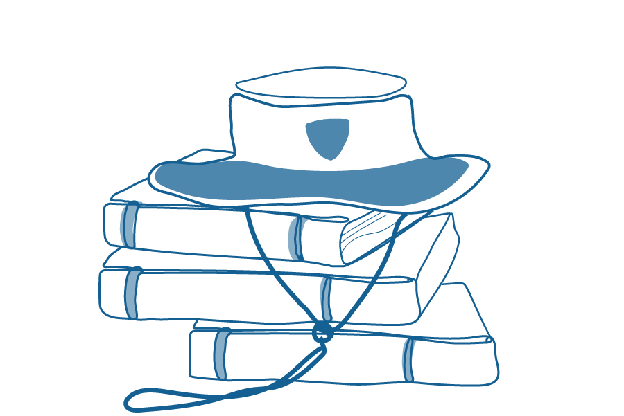 An illustration of a school hat on top of a pile of books.
