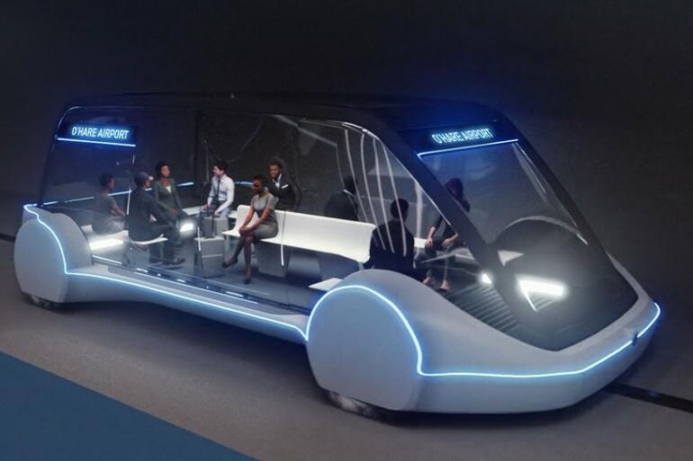 A concept image of a large electric car with nine passengers inside.