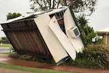 A shed picked up and tossed across a road in Bundaberg in a storm on November 7, 2017.