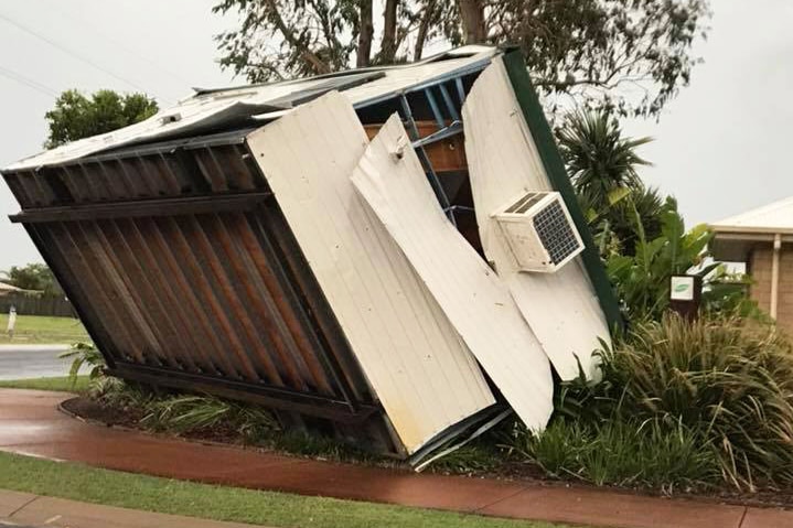 A shed picked up and tossed across a road in Bundaberg in a storm on November 7, 2017.