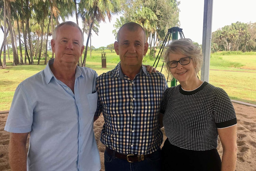 (LtoR) Marilyn Wallman's brothers Rex and David and sister Lenore stand together in Mackay.