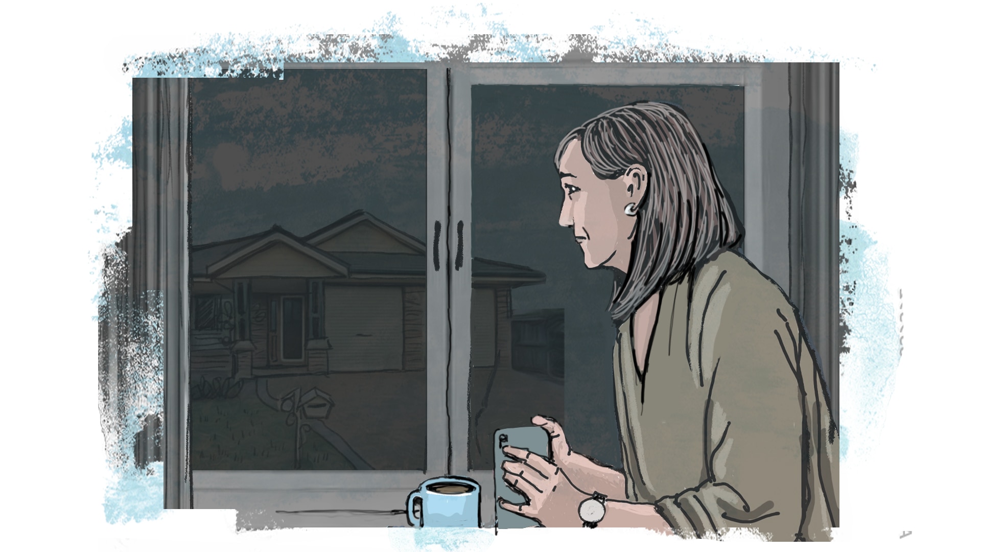 Uma mulher parece preocupada enquanto olha pela janela. 