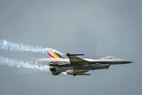 A Belgian F16 fighter jet flies over Florennes Military Airbase, in Florennes, Belgium.