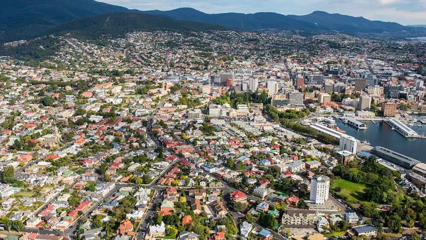 Aerial view of Hobart and inner southwest suburbs.