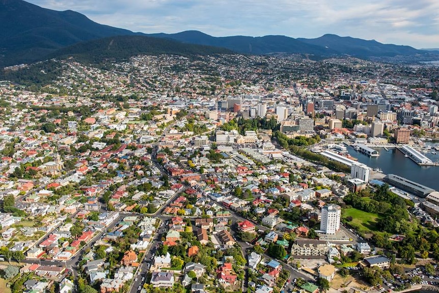 Aerial view of Hobart and inner southwest suburbs.