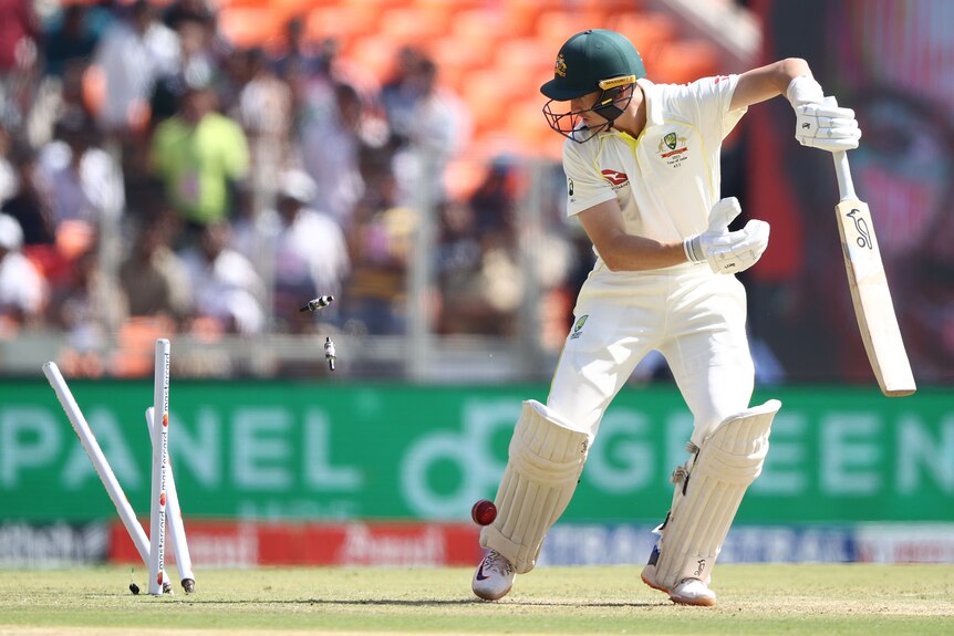 Marnus Labuschagne looks back at the stumps after being bowled in fourth Test against India.