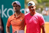A split-screen picture of two cap-wearing tennis stars - one standing with hands on hips, the other grimacing and looking down.