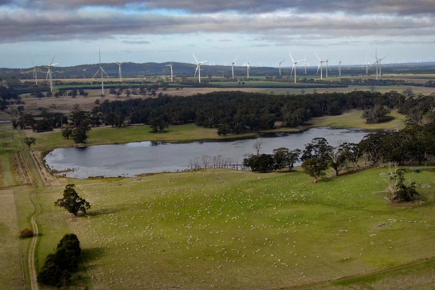 A dam on a green farm bordered by wind turbines.