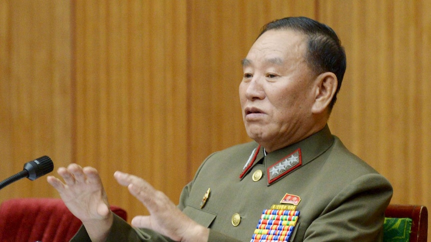 North Korea's general reconnaissance bureau head Kim Yong Chol speaking