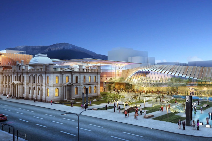 An architectural view of the revamped Tasmanian Museum and Art Gallery complete with town square.