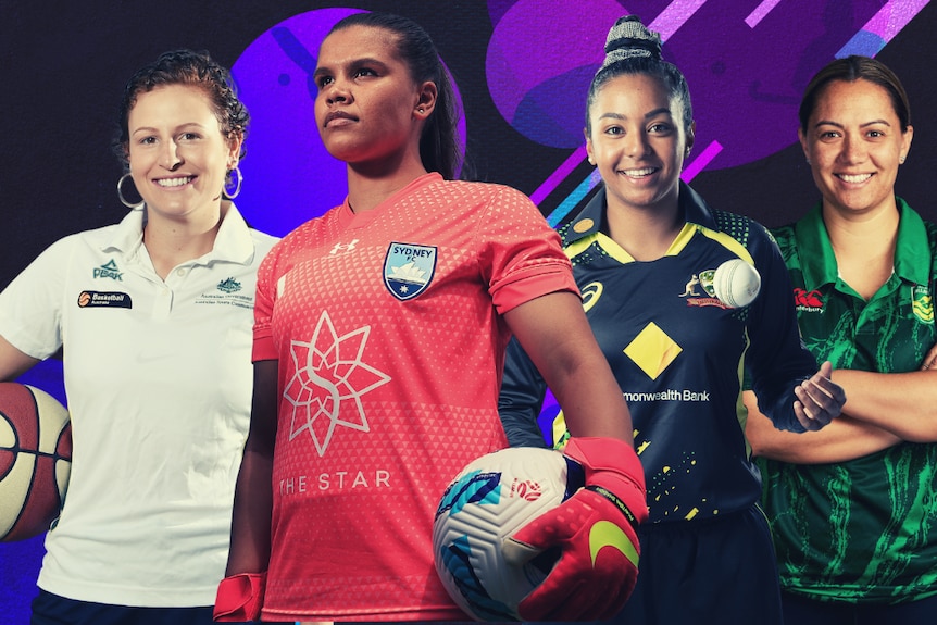 A composite picture featuring four women in sport, full length profile shots.