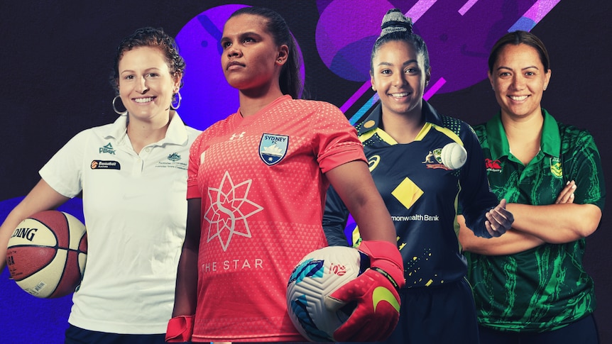 A composite picture featuring four women in sport, full length profile shots.