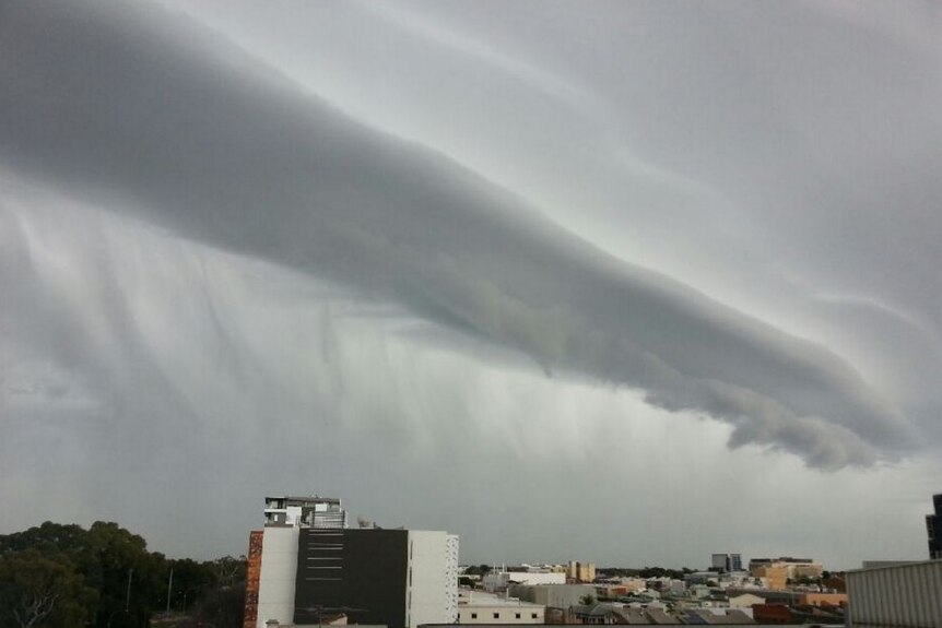 Shelf cloud from a thunderstorm, above Adelaide buildings.
