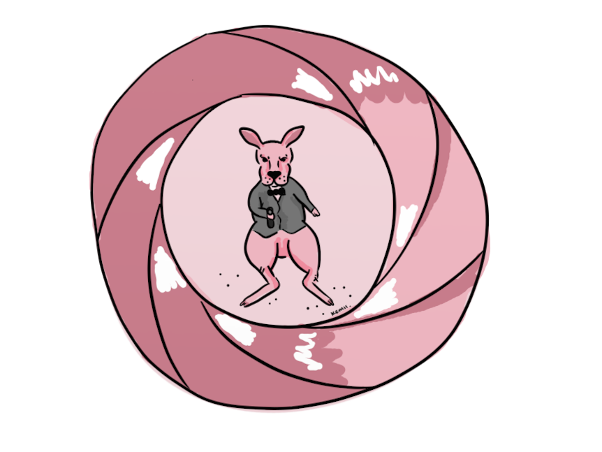 An illustration of a pink kangaroo in a target.