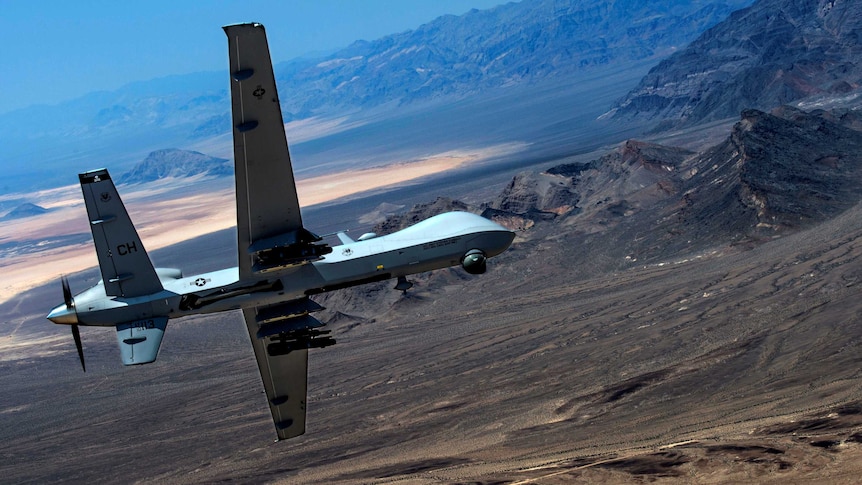 An MQ-9 Reaper unpiloted drone performs aerial manoeuvres