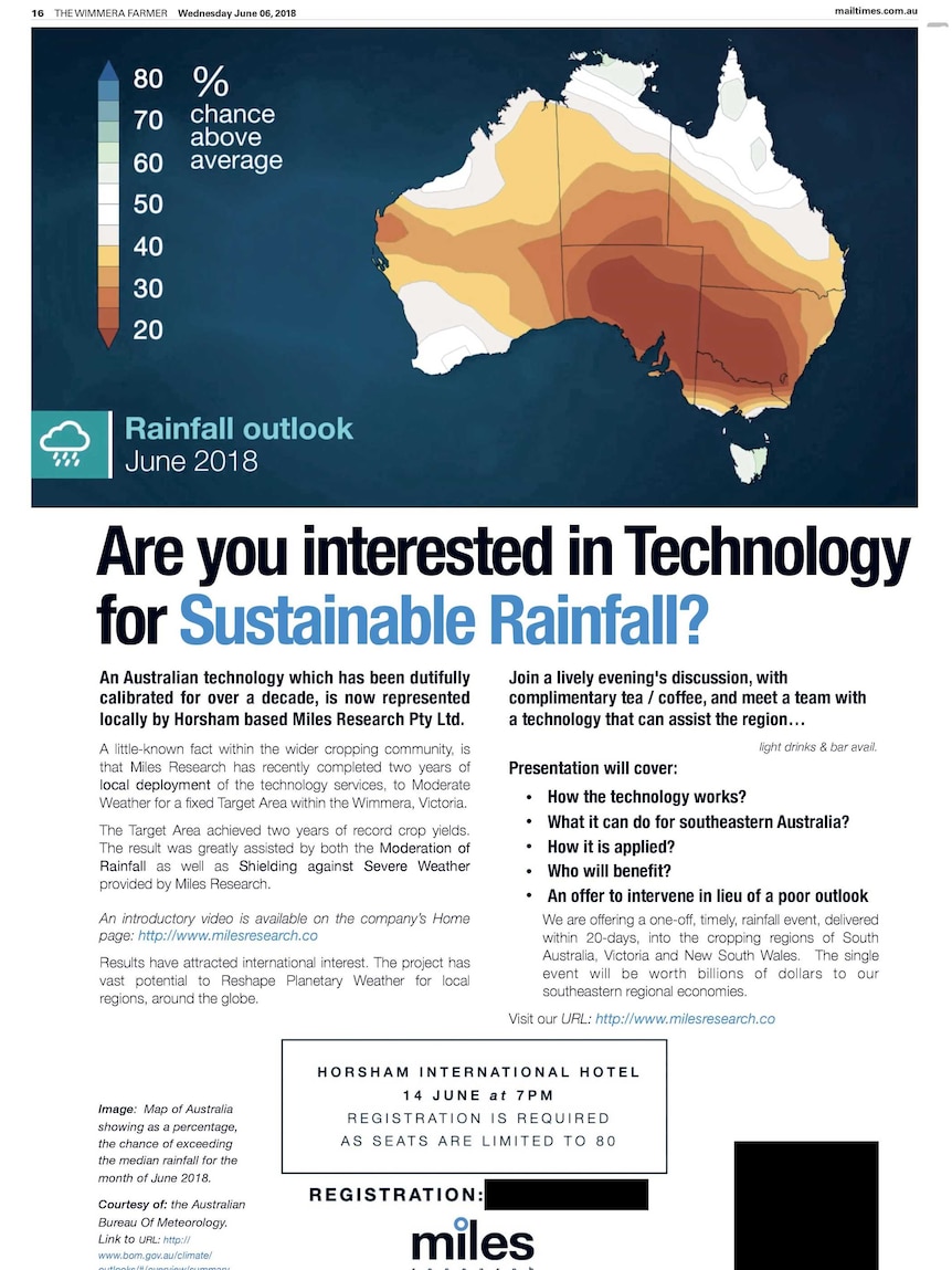 A full-page newspaper ad with header "Are you interested in Technology for Sustainable Rainfall" in the Wimmera Farmer.