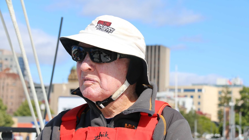 Syd Fischer on his yacht Ragamuffin  in Hobart.