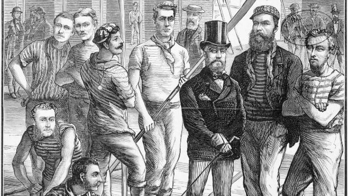 A lino cut image shows the members of a Victorian state rowing team from the late 1800s.