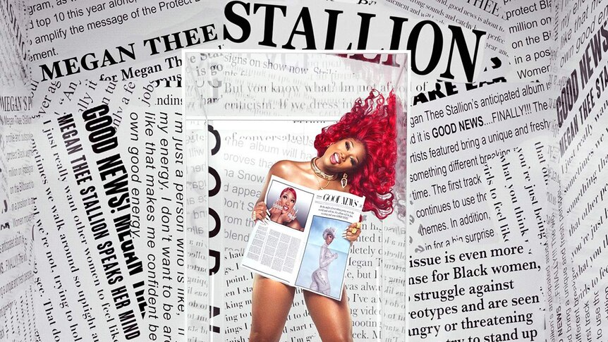 Photo of Megan Thee Stallion holding up a newspaper with newspaper headlines in the background.