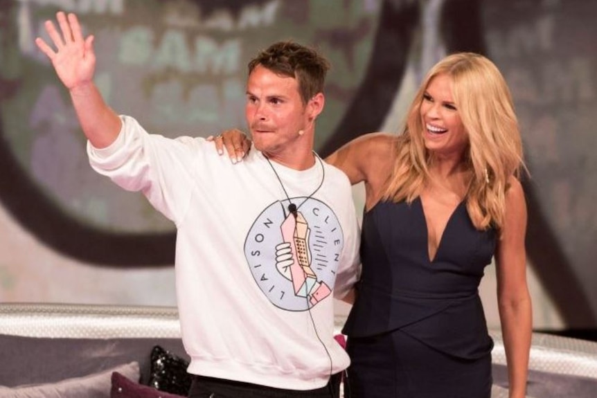 Big Brother contestant Sam Bramham with Big Brother host Sonia Kruger (1)