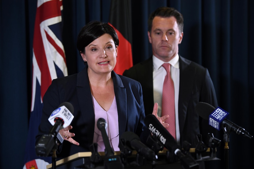 Jodi McKay addresses the media as Chris Minns stands behind her