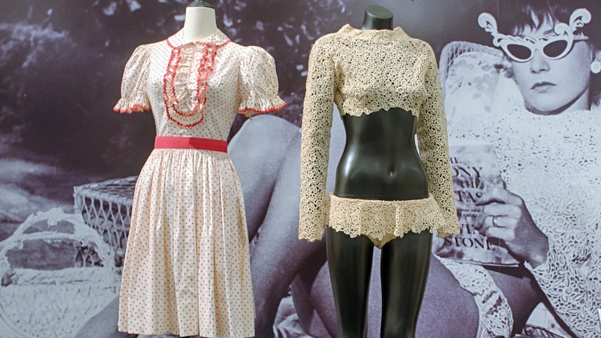 Red and white dress and cream lace bathing suit worn by Shirley MacLaine in the 1964 film, What a Way to Go.