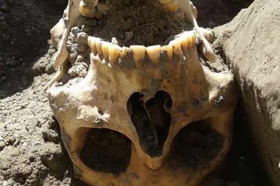 Upside down skull in the dirt of the volcano.