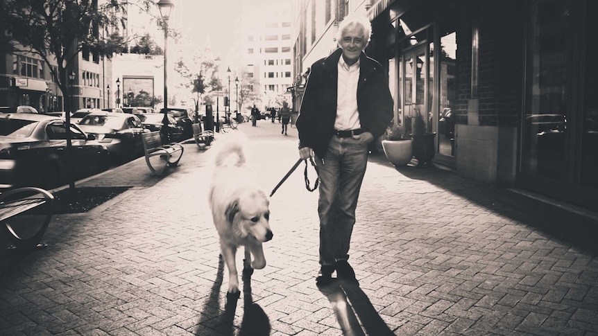 An older man walks down the street with his dog