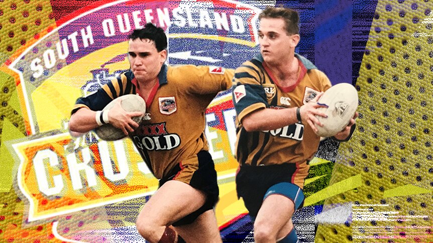 Two players super-imposed in front of a club logo with a retro backgroud.