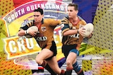 Two players super-imposed in front of a club logo with a retro backgroud.