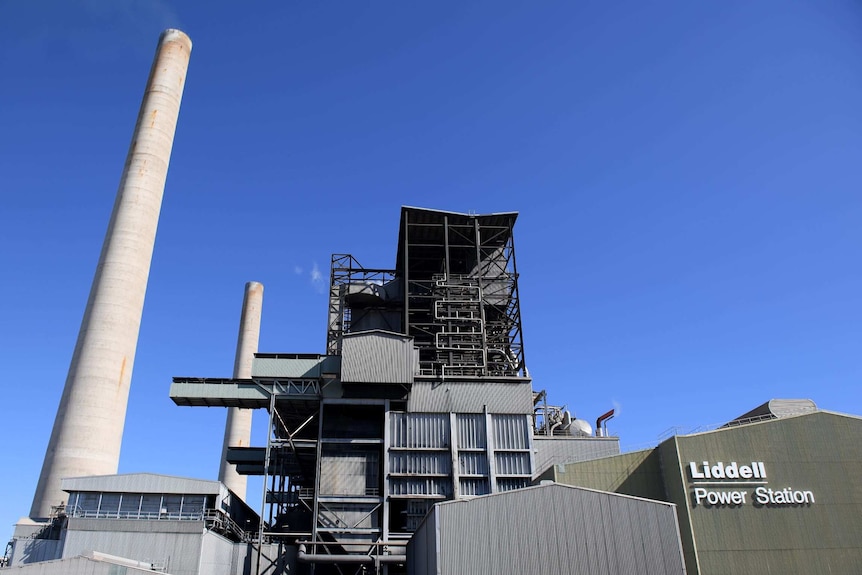 The Liddell Power Station is seen from across a road. The sky is blue and the grass is dry.