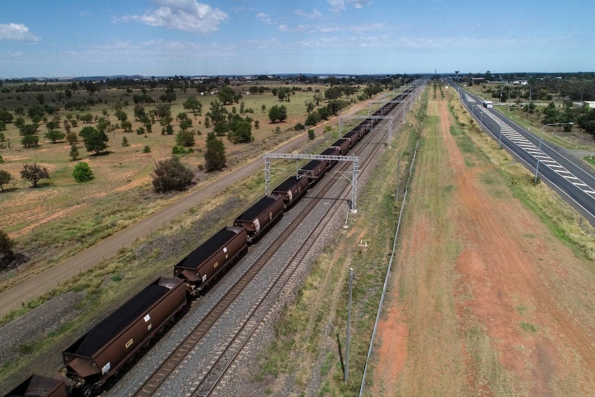 Drone image of a coal train in the Queensland countryside