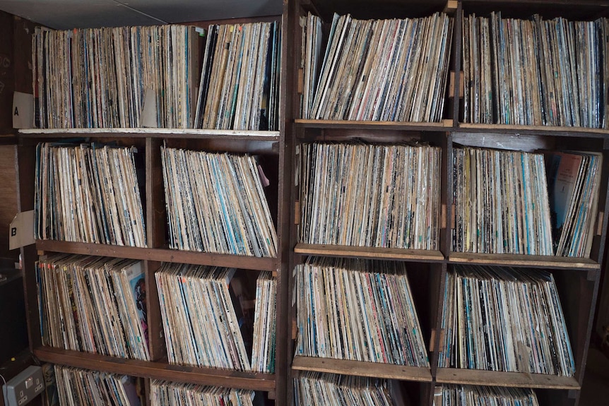 Shelves of records.