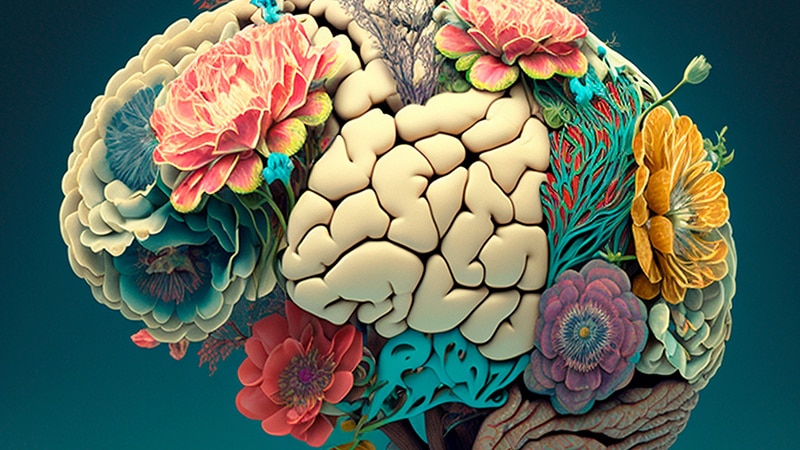 Graphic of a brain with flowers growing