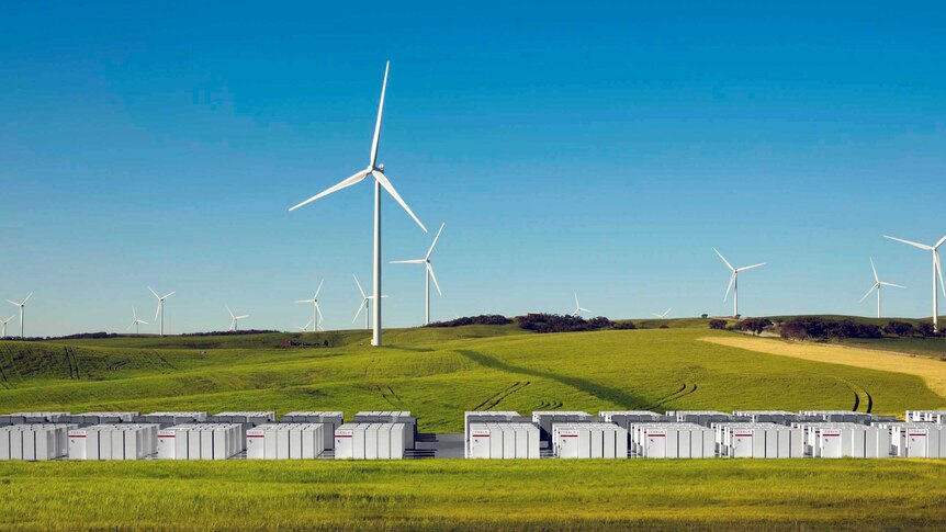 Lithium ion batteries lined up alongside a wind farm.