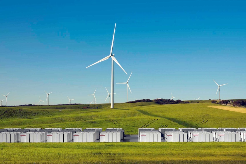 Lithium ion batteries lined up alongside a wind farm.