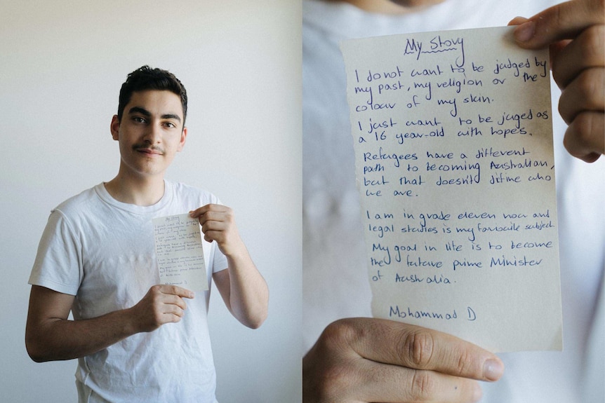 A composite of a young man holding up a note reading "my story" and then a close-up of the note