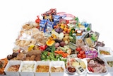 A pile of packaged, processed and fresh food.