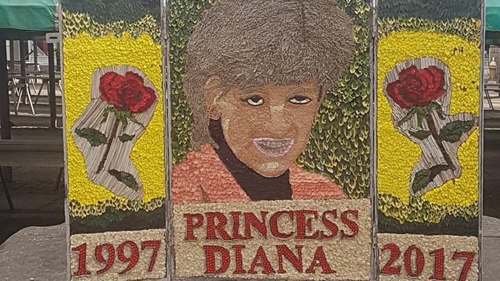 The well dressing of Princess Diana in Chesterfield made of leaves, twigs and flowers, saying 1997 and 2007