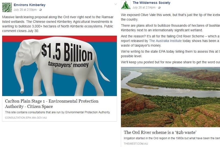 Screen shot of two facebook posts by environmental groups