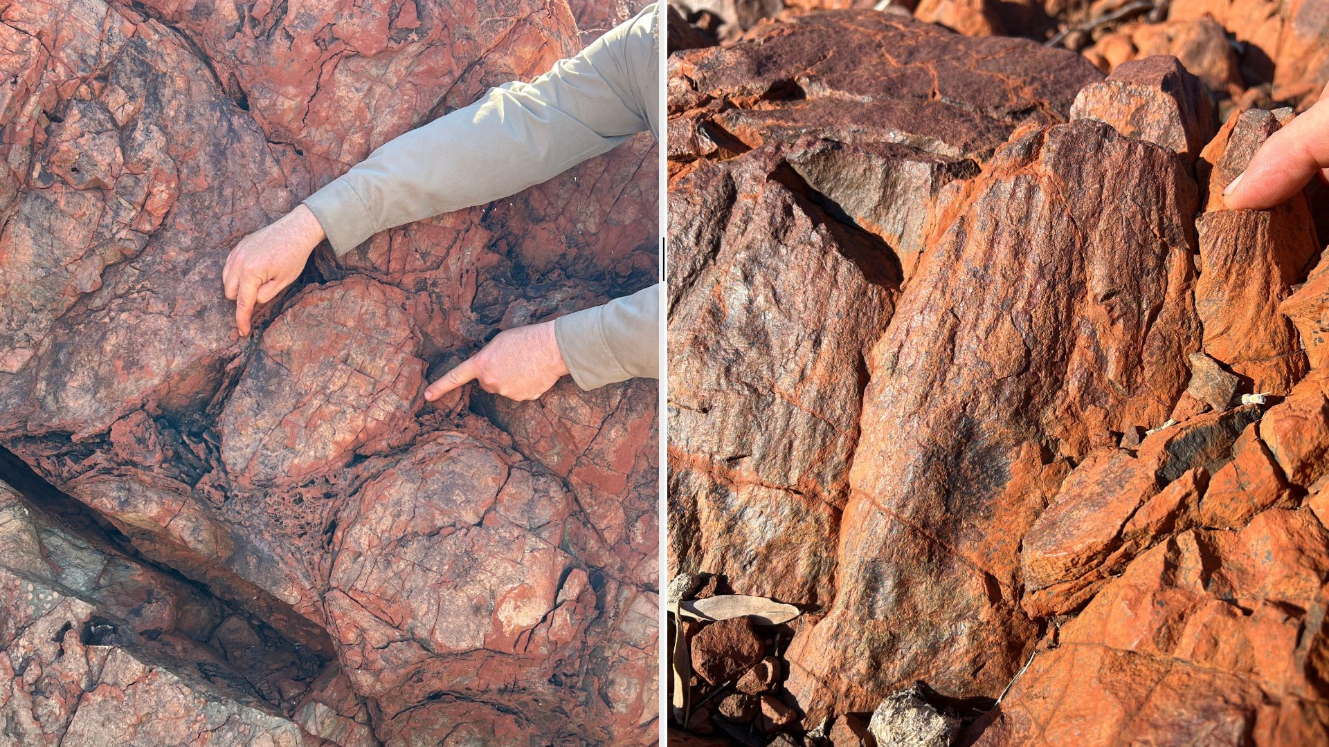 Two separate images next to each other with red rocks and fingers pointing at them.