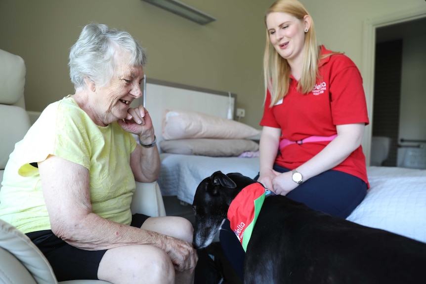 Alana Wade and her dog Tiffany sitting with a Jindalee resident.