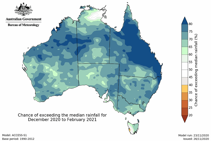 Map of Aus  mostly green and blue indicating at least 60 % chance of above median rainfall