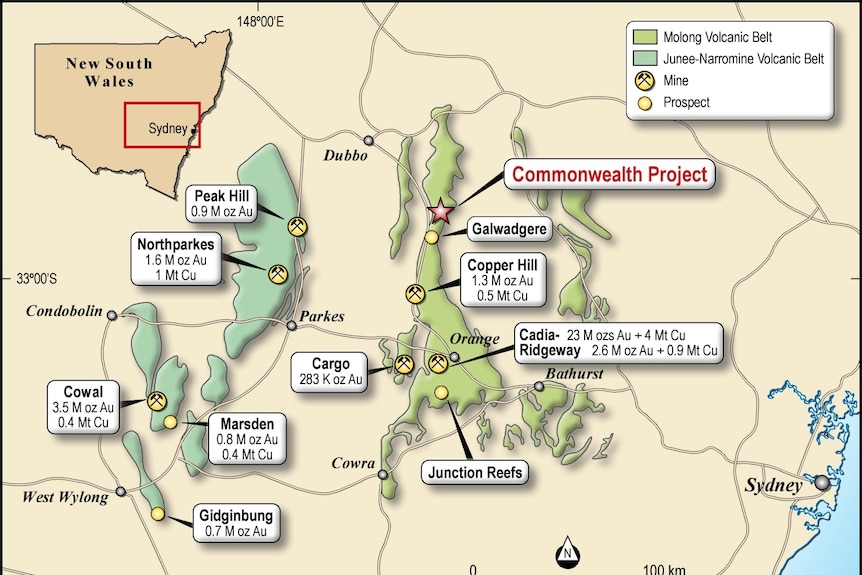 Map of gold mines in the Orange region, new south wales