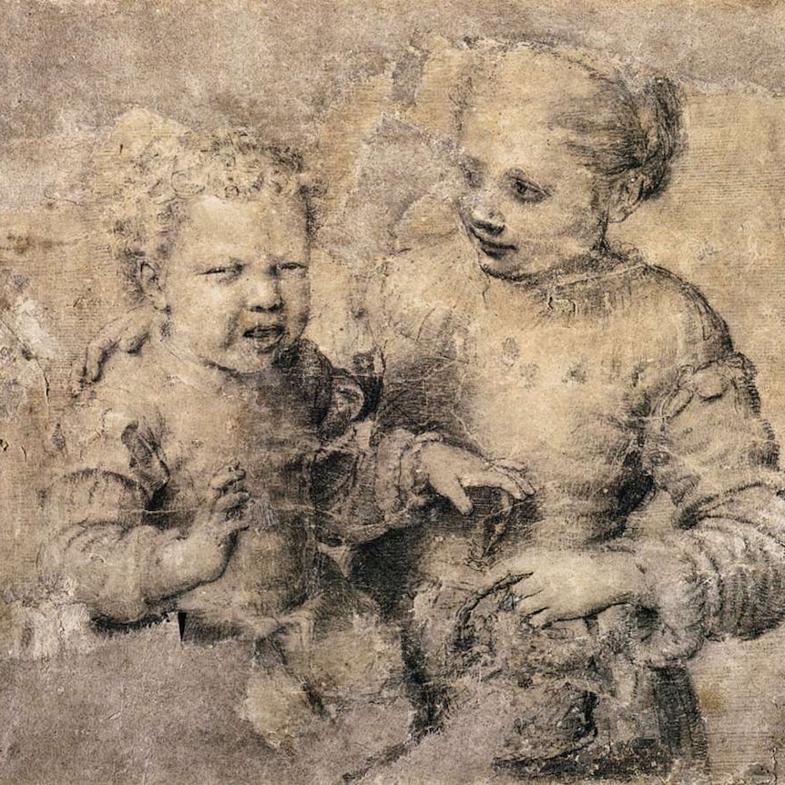 very old charcoal drawing of a baby boy crying and girl smiling