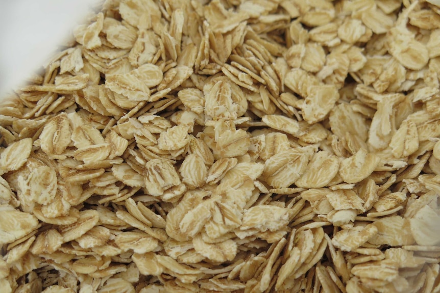 a close up of individual rolled oats inside a bag.